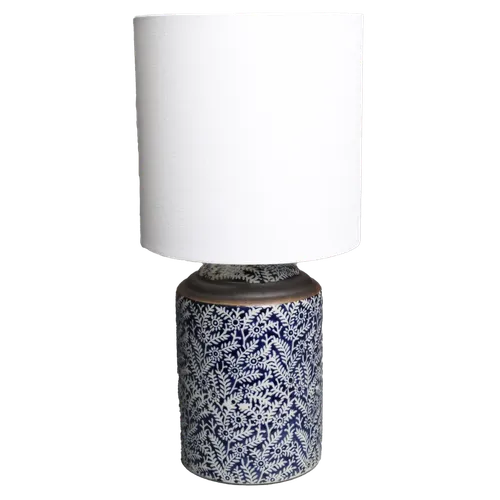 White Ferns On Royal Blue Pottery Table Lamp With White Shade