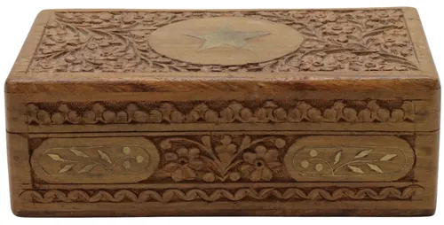 Carved Wood Box With Inlay Star Lid