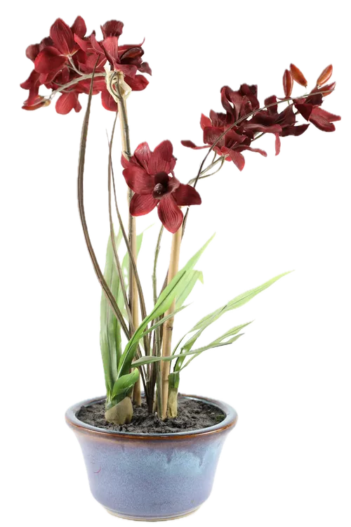 Artificial Red Orchid In Blue Ceramic Pot