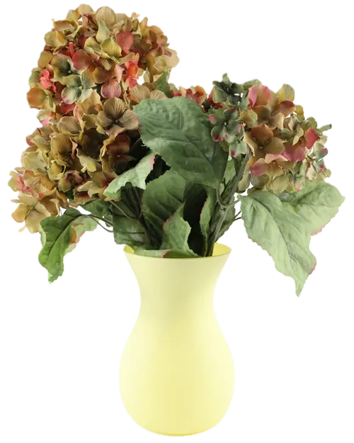 Artificial Dried Hydrangea In Yellow Glass Vase
