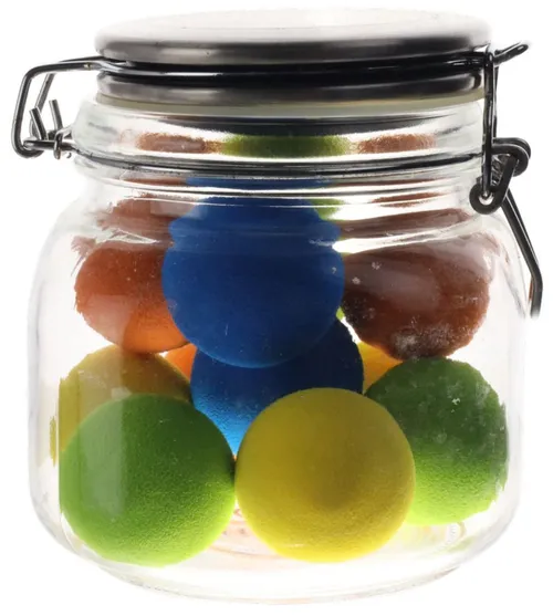 Clear Glass Container With Clamping Silver Lid Containing Foam Balls