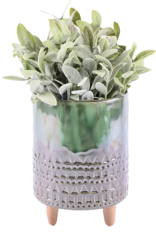 Artificial Common Sage In Two Tone Green Glazed Ceramic Pot