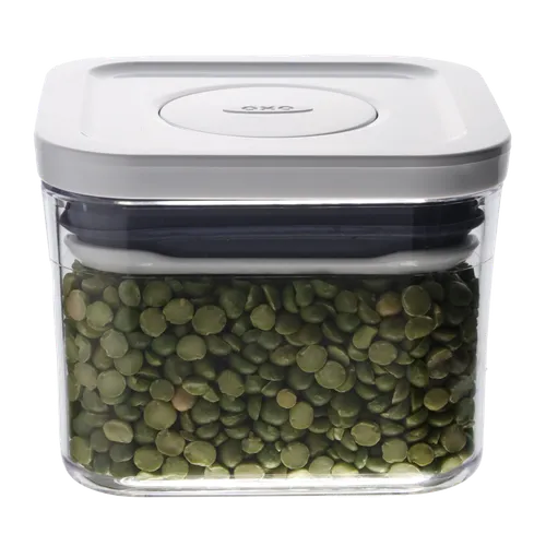 Clear Square Pop Top Low Profile Storage Container With White Lid Containing Green Lentils