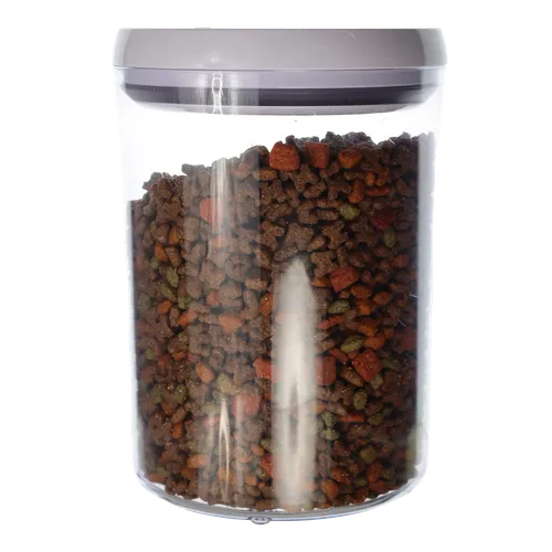 Clear Round Pop Top Storage Container With White Lid Containing Cat Food