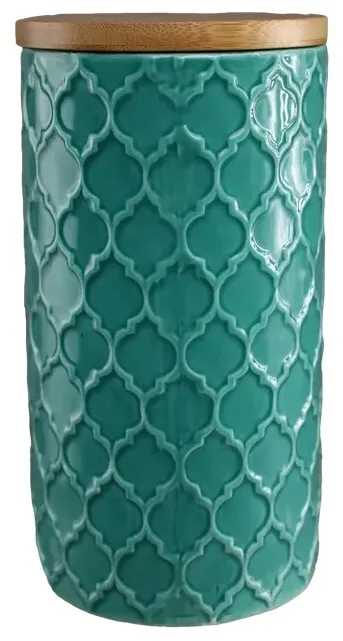 Seafoam Green Moroccan Pattern Ceramic Canister With Wood Lid