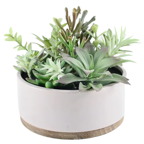 Artificial Succulents In Wood Base & Grey Ceramic Pot