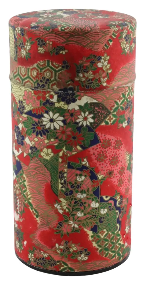 Red & Green Design On Japanese Paper Tin Canister