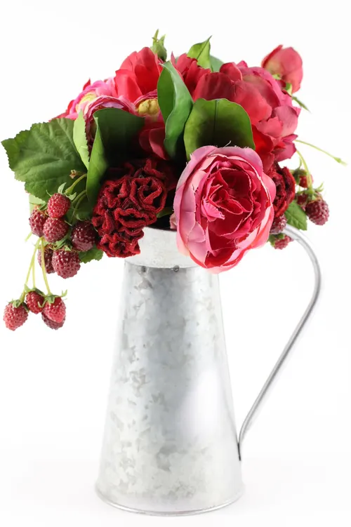Artificial Red & Pink Peonies With Raspberries In Galvanized Pitcher