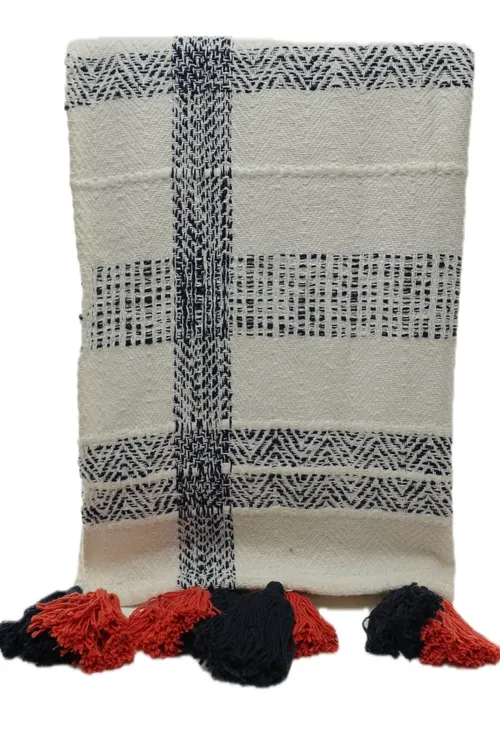 Bohemian White & Navy Blue & Orange Embellished Throw Blanket With Tassels