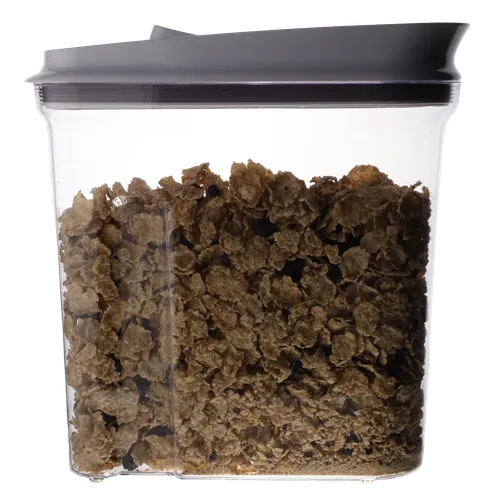 Clear Plastic Container With White Lid Containing Raisin Bran Cereal