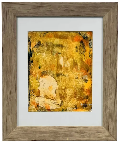 Orange & Yellow Textured Abstract With Silhouette In Wood Frame