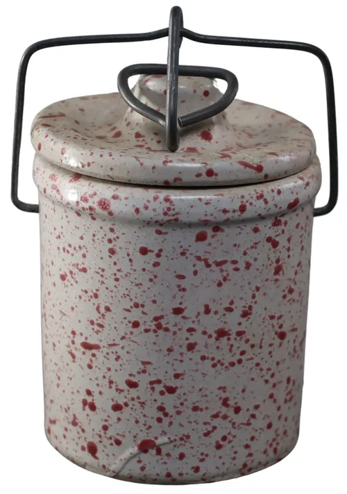 White & Red Stoneware Canister With Clamp Lid
