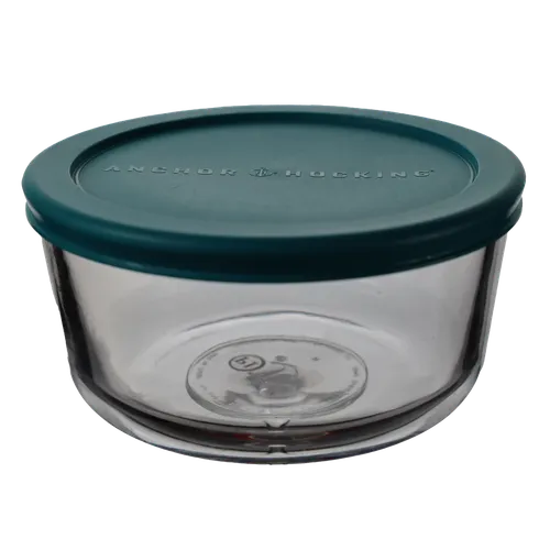 Clear Glass Bowl With Teal Green Plastic Lid - Large