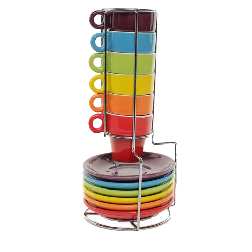 Multicolour Rainbow Espresso Mugs & Saucers In Wire Holder