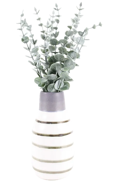 Artificial Silver Leaf Mountain Gum In White & Metallic Rimmed Ceramic Vase