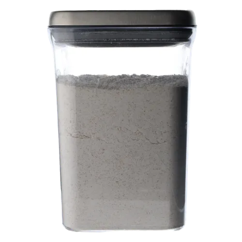 Clear Square  Pop Top Storage Container With Brushed Metal Lid Containing Brown Flour