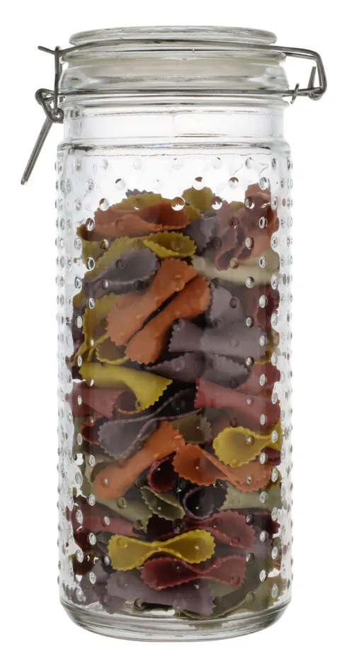 Clear Dotted Glass Canister With Lid Containing Colourful Pasta