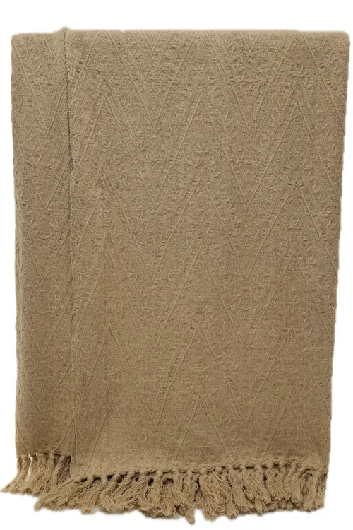 Solid Taupe Knit Throw Blanket With Tassel Trim