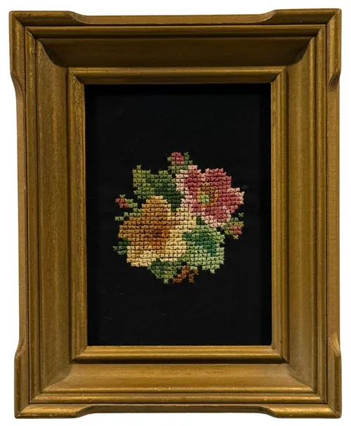 Cross Stitch Bouquet Of Yellow & Pink Flowers In Gold Frame
