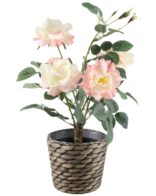 Artificial Pink Pastel Roses In Wicker Pot