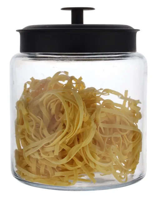Clear Glass Canister With Black Lid Containing Pasta Nests