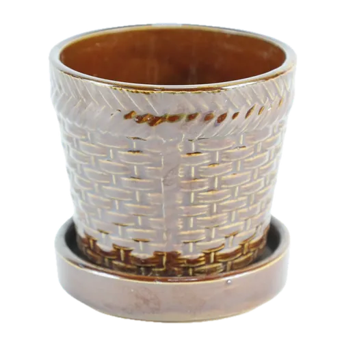 Brown Weave Ceramic Plant Pot & Saucer