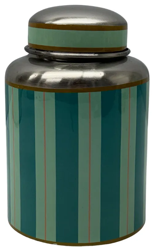 Green Striped Metal Storage Canister