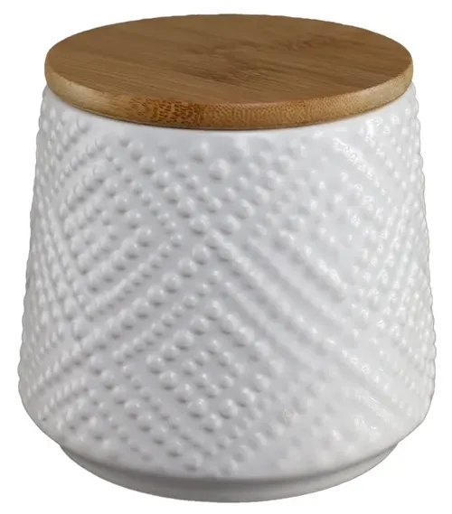 White Dimpled Ceramic Canister With Wood Lid