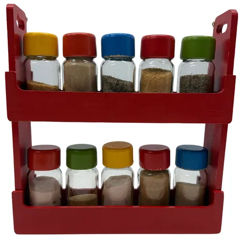 Vintage Ten Bottle Spice Rack With Wood Lids & Rack