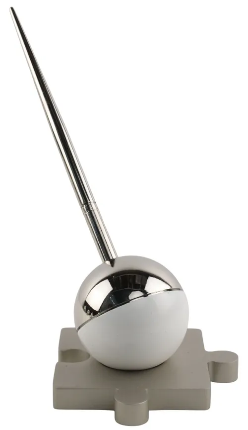 White & Chrome Orb Pen Holder On Silver Metal Puzzle Piece
