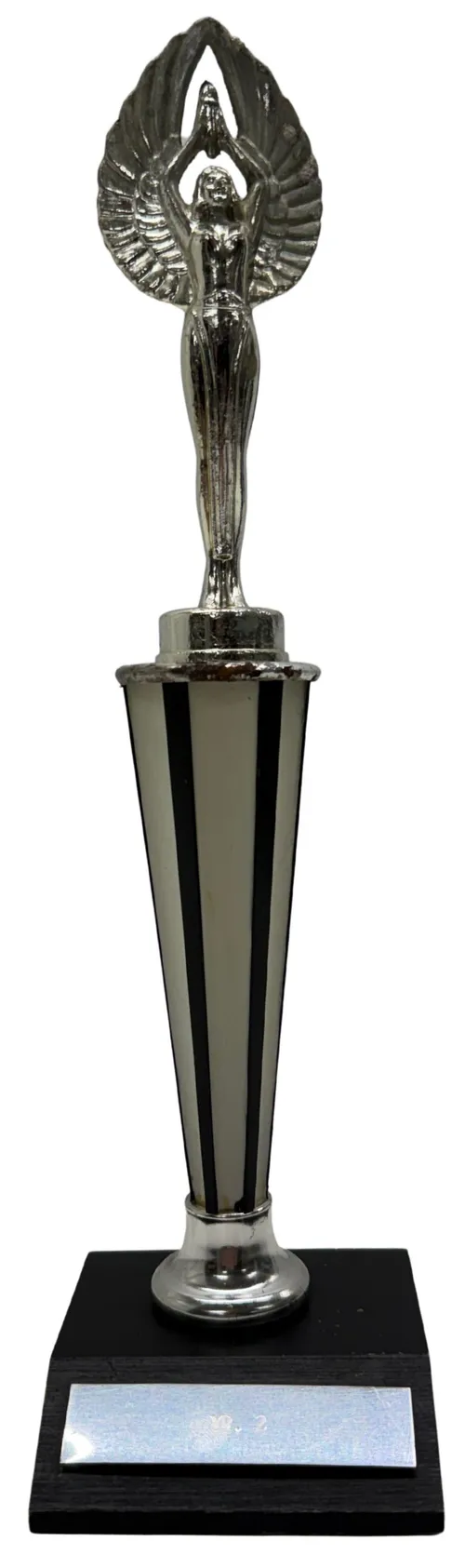 Silver Goddess Of Victory On Black & White Tapered Trophy