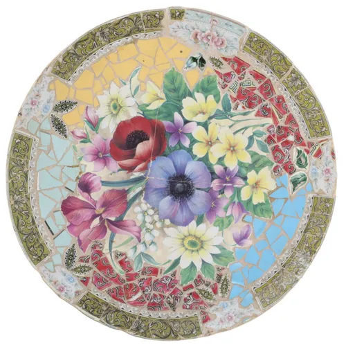 Round Wood & Tile Floral Trivet