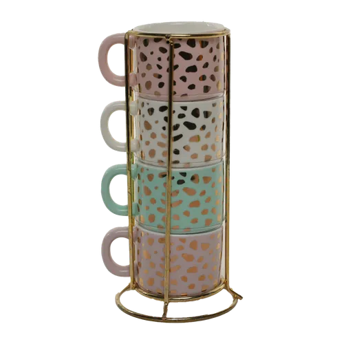 Four Pastel Espresso Mugs With Gold Speckles In Wire Holder