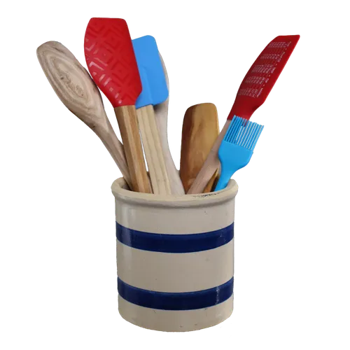 Beige With Double Blue Stripe Utensil Holder With 7 Utensils