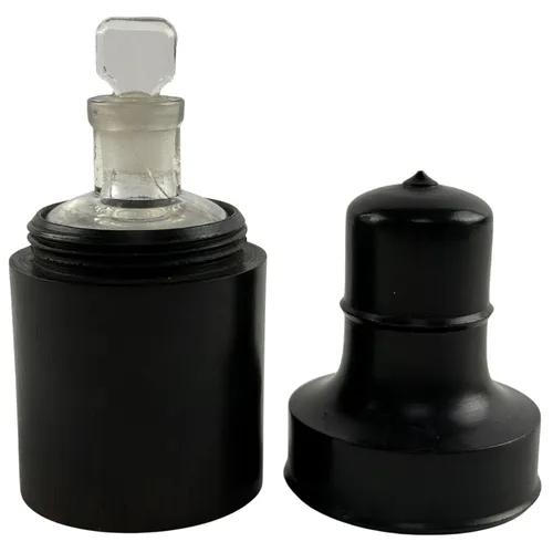 Antique Ebonised Wood Bottle Holder With Ground Glass Apothecary Bottle