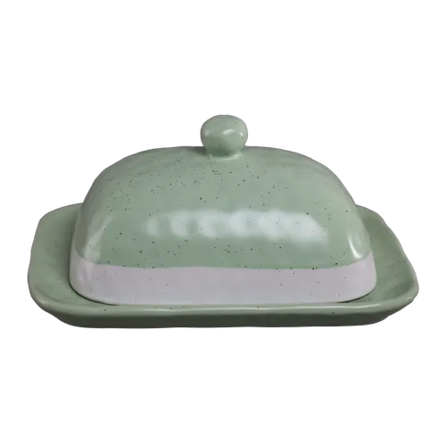 Pistachio Green Speckled Butter Dish  With White Stripe 