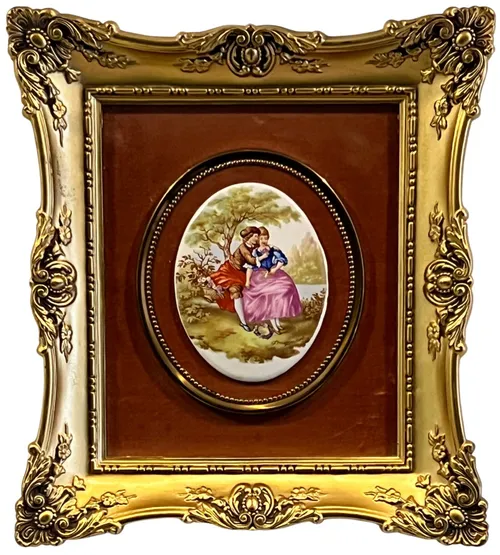 Courting Couple On Porcelain In Gold Ornate Frame