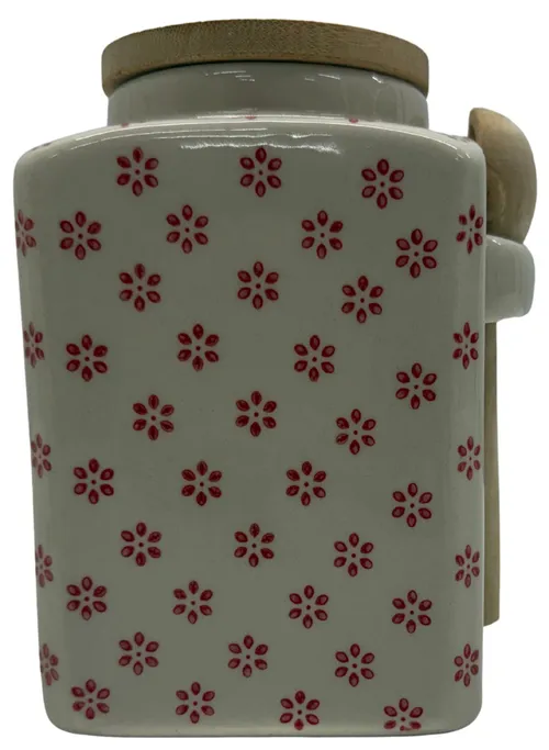 White Ceramic Canister With Red Floral Stamp Pattern & Bamboo Spoon