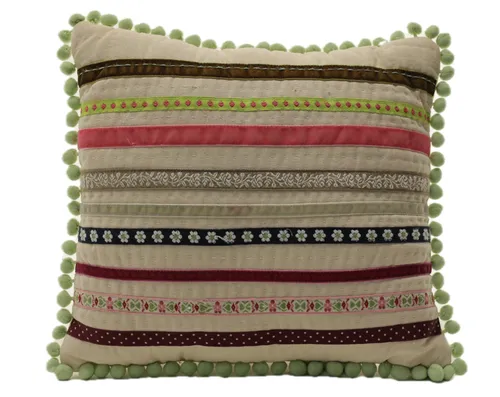 Beige With Multicolour Stripes & Pom Pom Fringe Throw Pillow