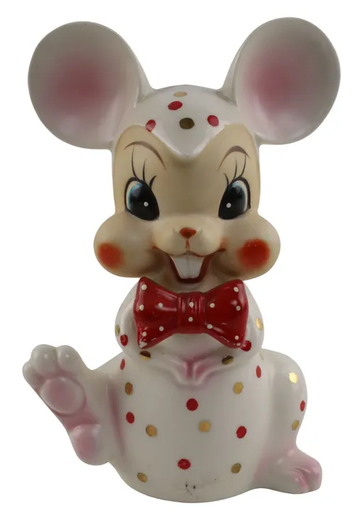 Vintage Ceramic White Mouse With Pink & Gold Dots