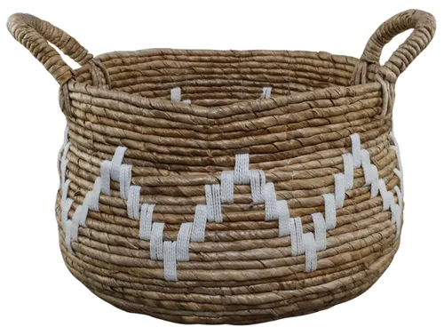 Natural Seagrass Woven Decorative Basket With White Zig Zag Stitching