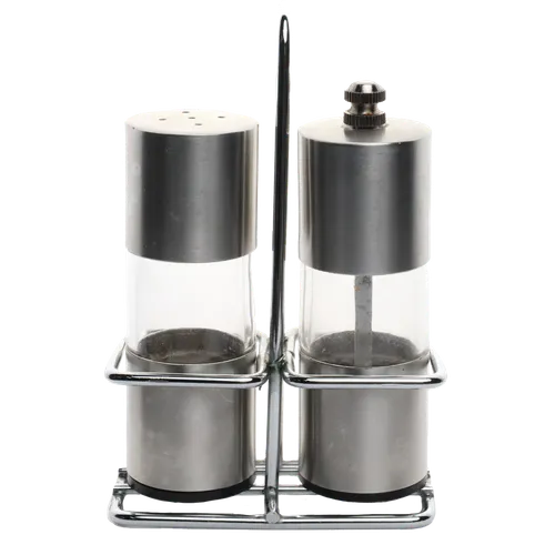 Stainless & Clear Salt & Pepper Set With Carry Rack