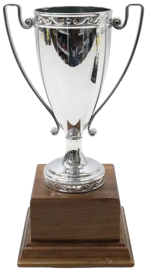 Silver Trophy Cup On Light Walnut Wood Base