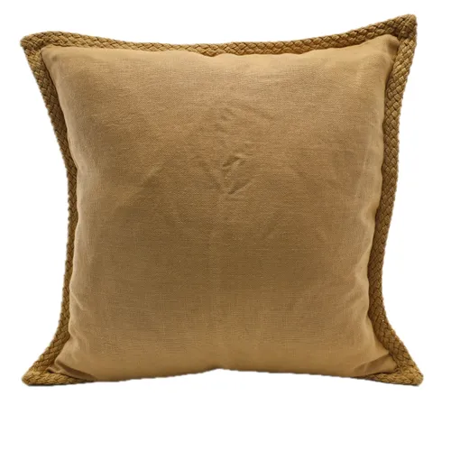 Natural Burlap With Braided Jute Trim Throw Pillow