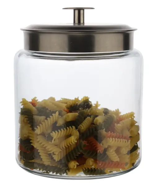 Clear Glass Canister With Silver Lid With Colourful Pasta Noodles