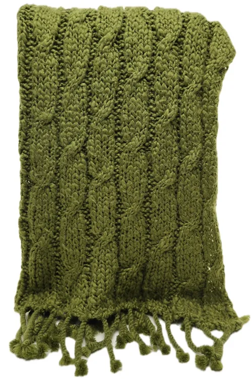 Army Green Cable Knit Throw Blanket With Twisted Rope Fringe
