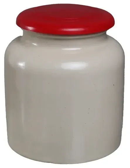 Natural Beige Stoneware Storage Jar With Red Lid 