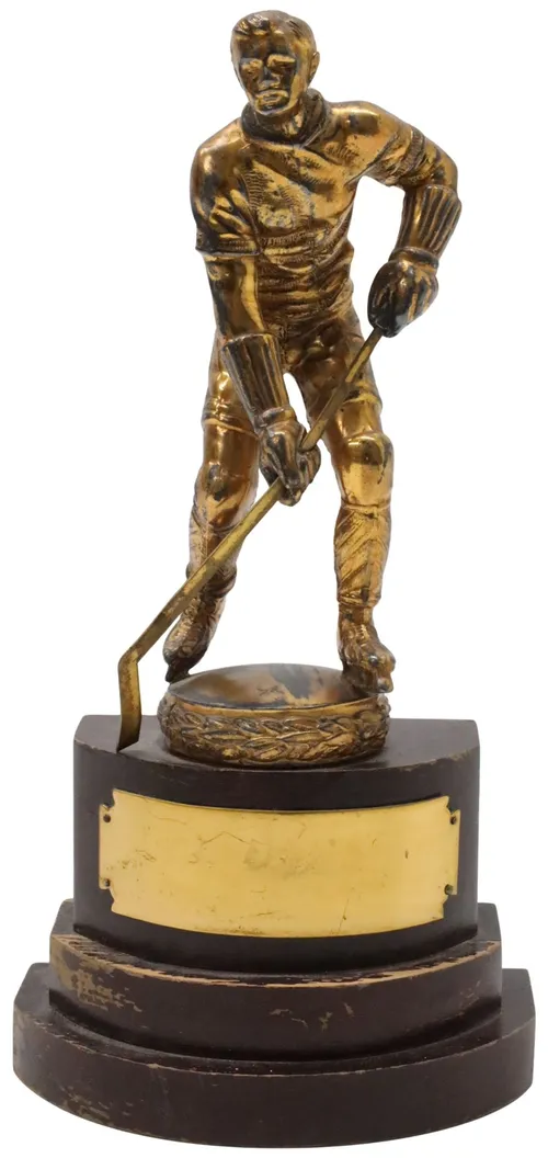 Antique Gold Hockey Player Trophy On Wood Base