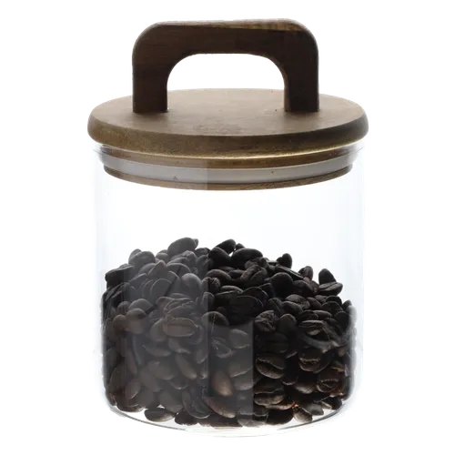 Clear Glass Canister With Acacia Wood Handled Lid Containing Coffee Beans