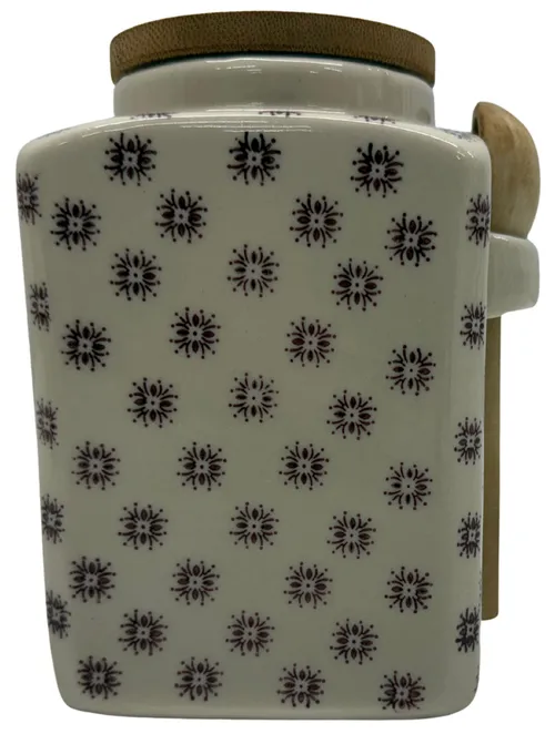 White Ceramic Canister With Maroon Floral Stamp Pattern & Bamboo Spoon